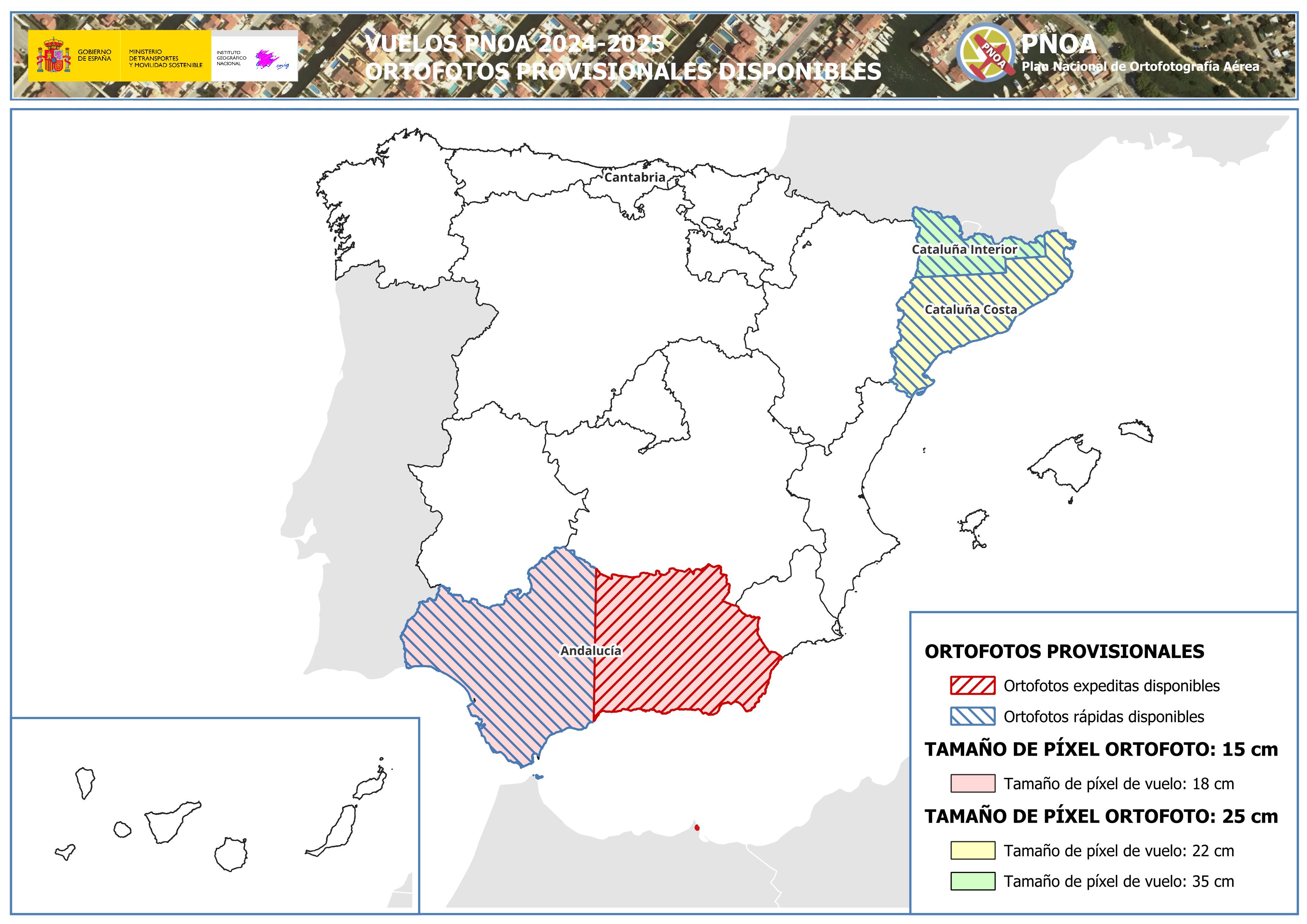 Mapa de disponibilidad de ortofotos provisionales del PNOA 2025